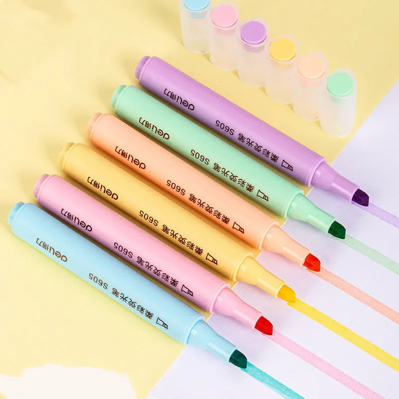 Deli S605 highlighter pen set showing six macaron coloured pens with oblique fibre nibs