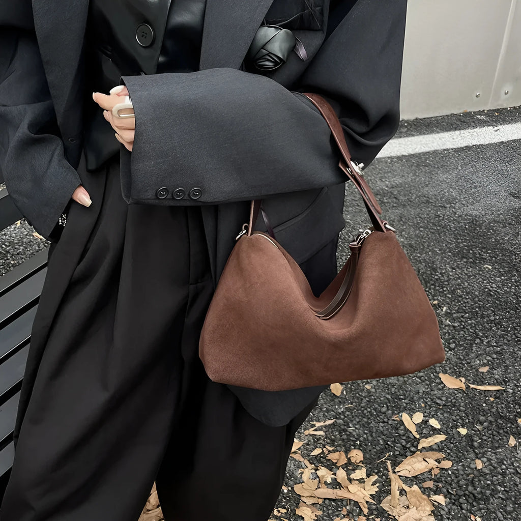Women's genuine leather baguette underarm bag in deep coffee, soft cowhide, 32x20x10cm, sandwich pocket
