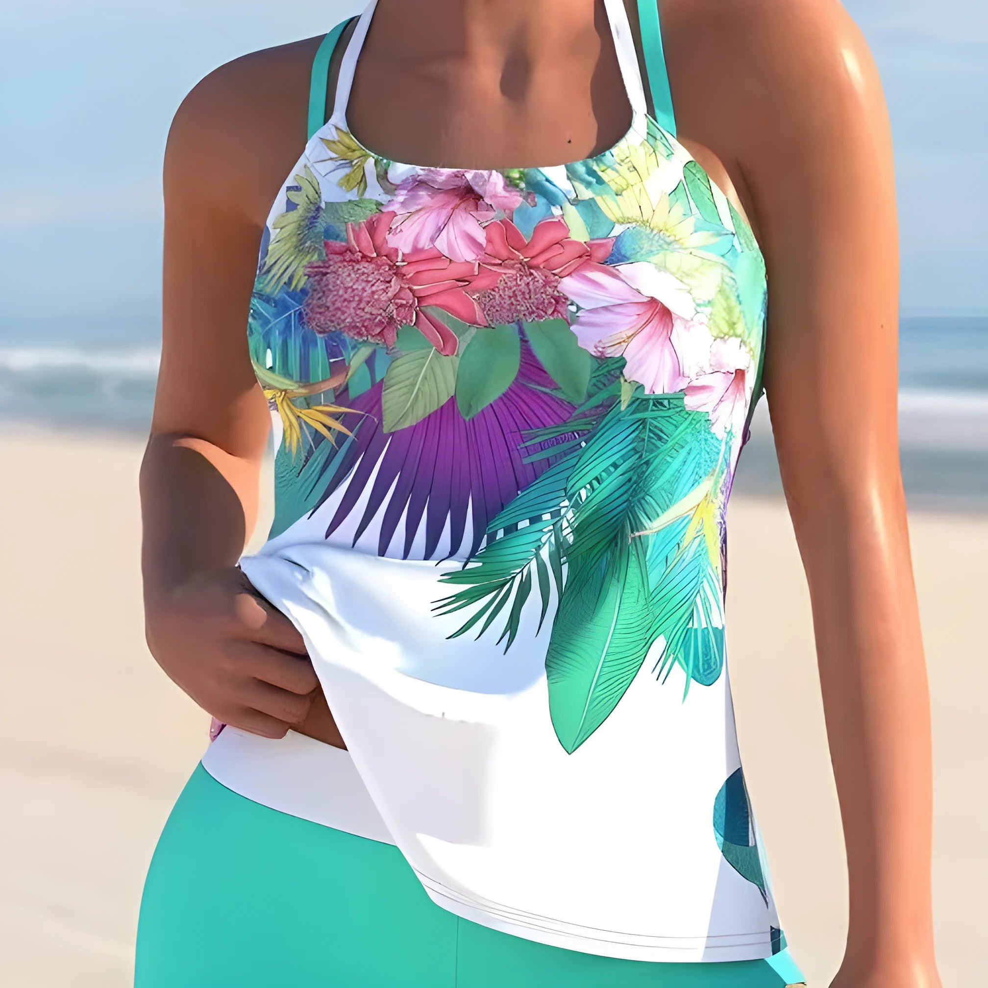 Women's floral swimsuit with large flower pattern and chest padding in purple-red colour