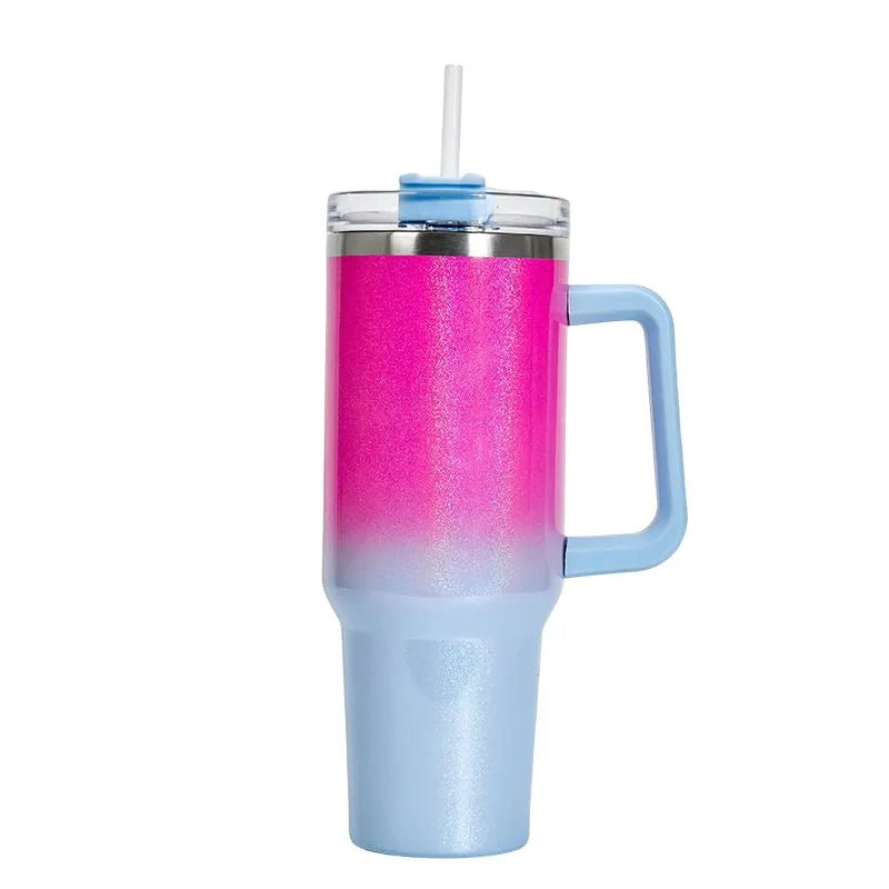 Stainless steel vacuum insulation cup in rainbow gradient colours showing double-layer construction