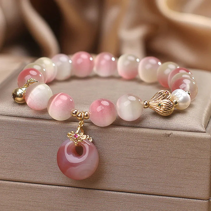 Natural gradient opal agate bracelet for women with pink stones and safety buckle pendant