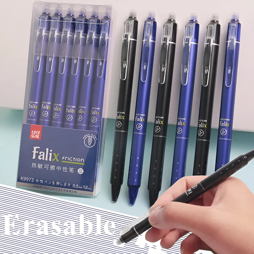 Hot Erasable Push Gel Pen with 0.5mm tip, black or blue ink, retractable design.