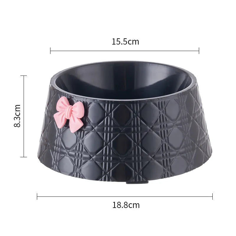 Diamond pattern pet bowl with a decorative bowknot, shown in black, purple, and white colour options.