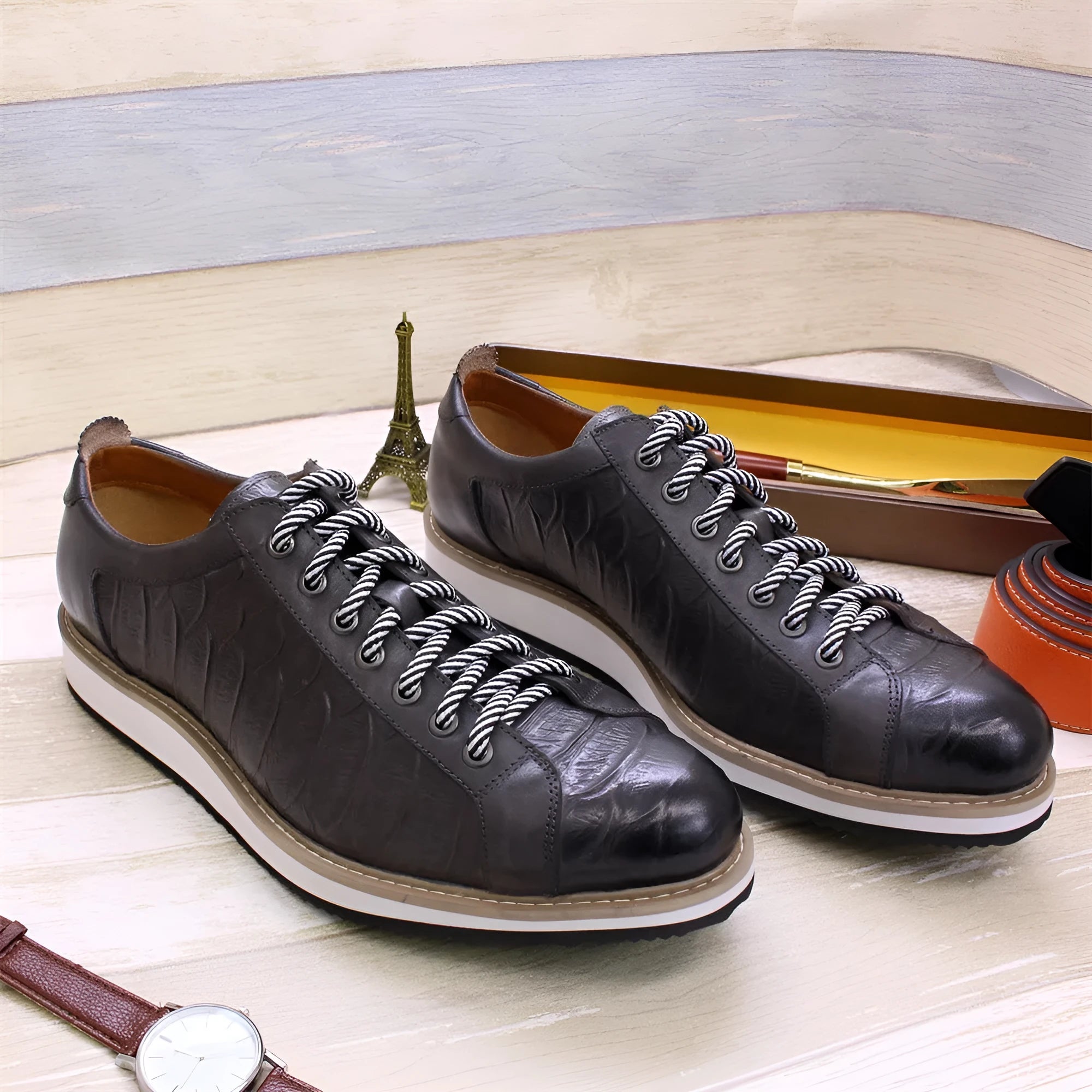 Men's low-top black lace-up shoes with an embossed pattern on the upper, featuring a white PU insole.