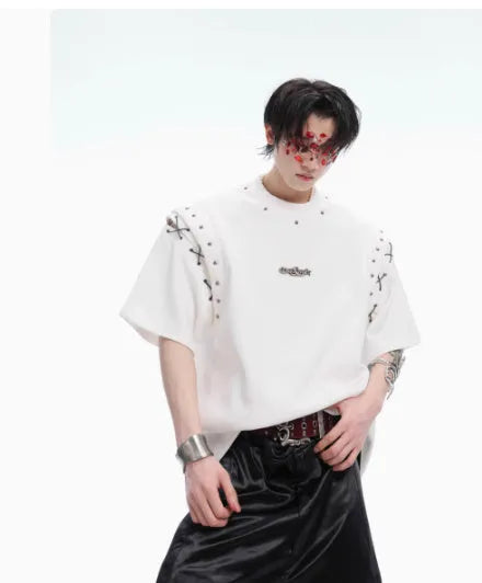 Black short sleeve T-shirt with a lace-up cutout design detail on the front.