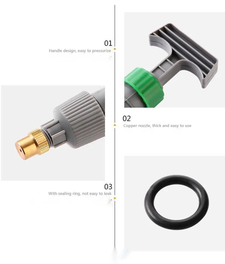 Grey watering sprayer nozzle attached to plastic bottle with 30cm connecting tube for garden watering