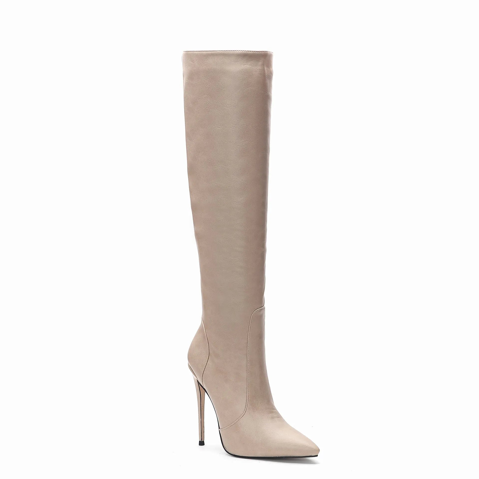 Women's stiletto heel fashion boots in dark gray, super high heel above 8cm, pointed toe, mid-calf shaft, artificial PU upper