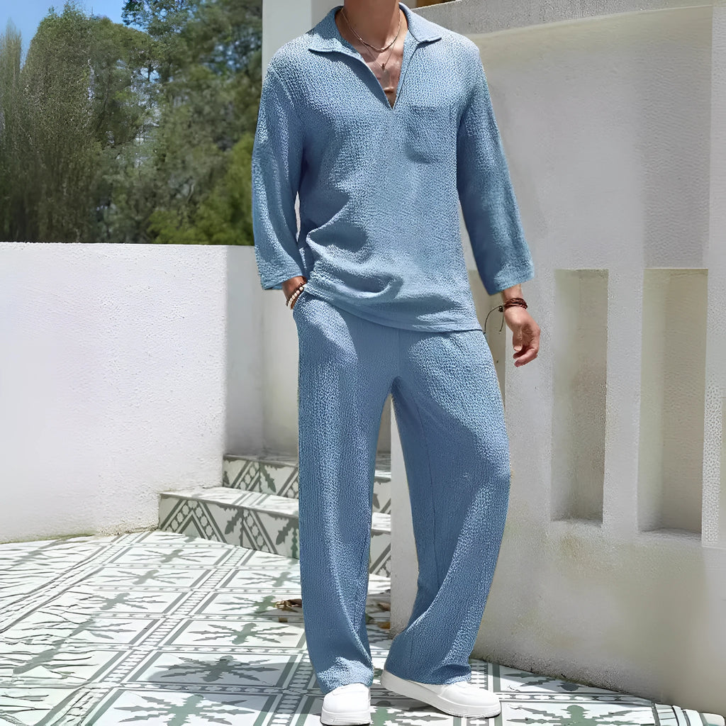 Men's casual commuter suit set in polyester, showing shirt and trousers in a choice of four colours.