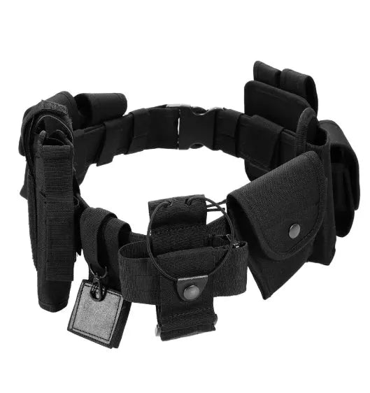 Black 600D nylon tactical duty belt with quick-release plastic buckle on plain background