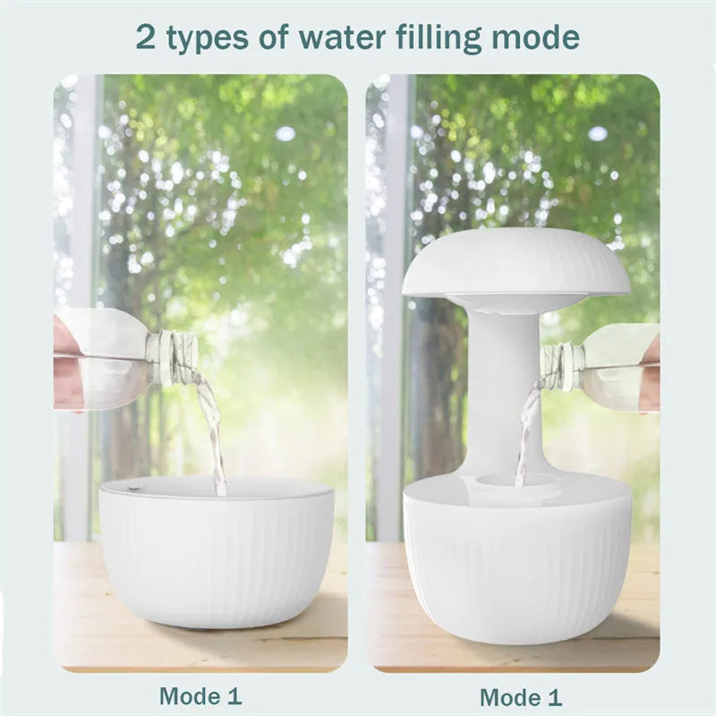 White anti-gravity USB humidifier showing water droplets appearing to flow upward with cool mist output