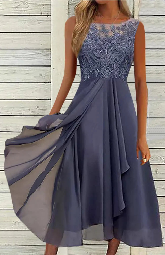 Women's sleeveless chiffon dress with lace hollow-out stitching in blue, green, or purple.