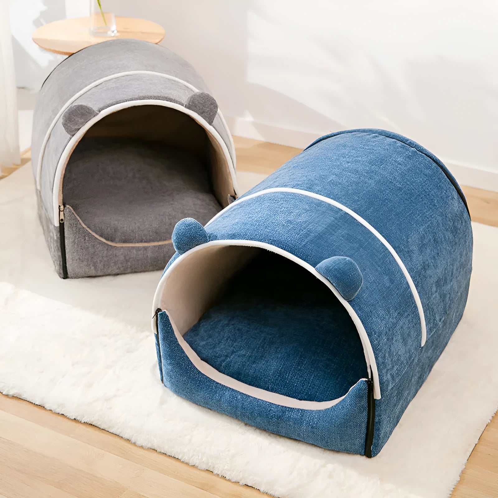 Enclosed chenille pet kennel with removable washable cover in blue, M size, for dogs under 10kg
