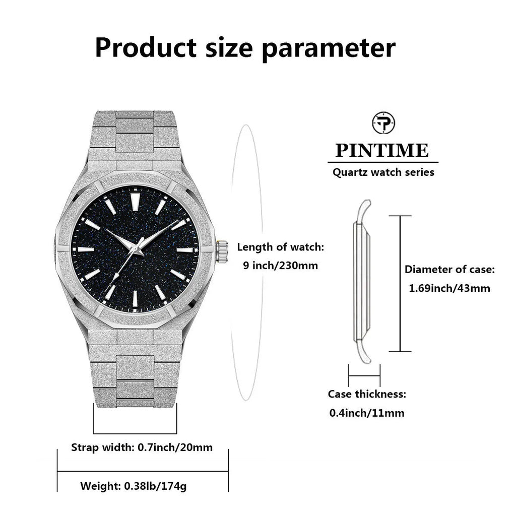 Men's stainless steel business watch with frosted case and luminous markers in silver, gold, or black