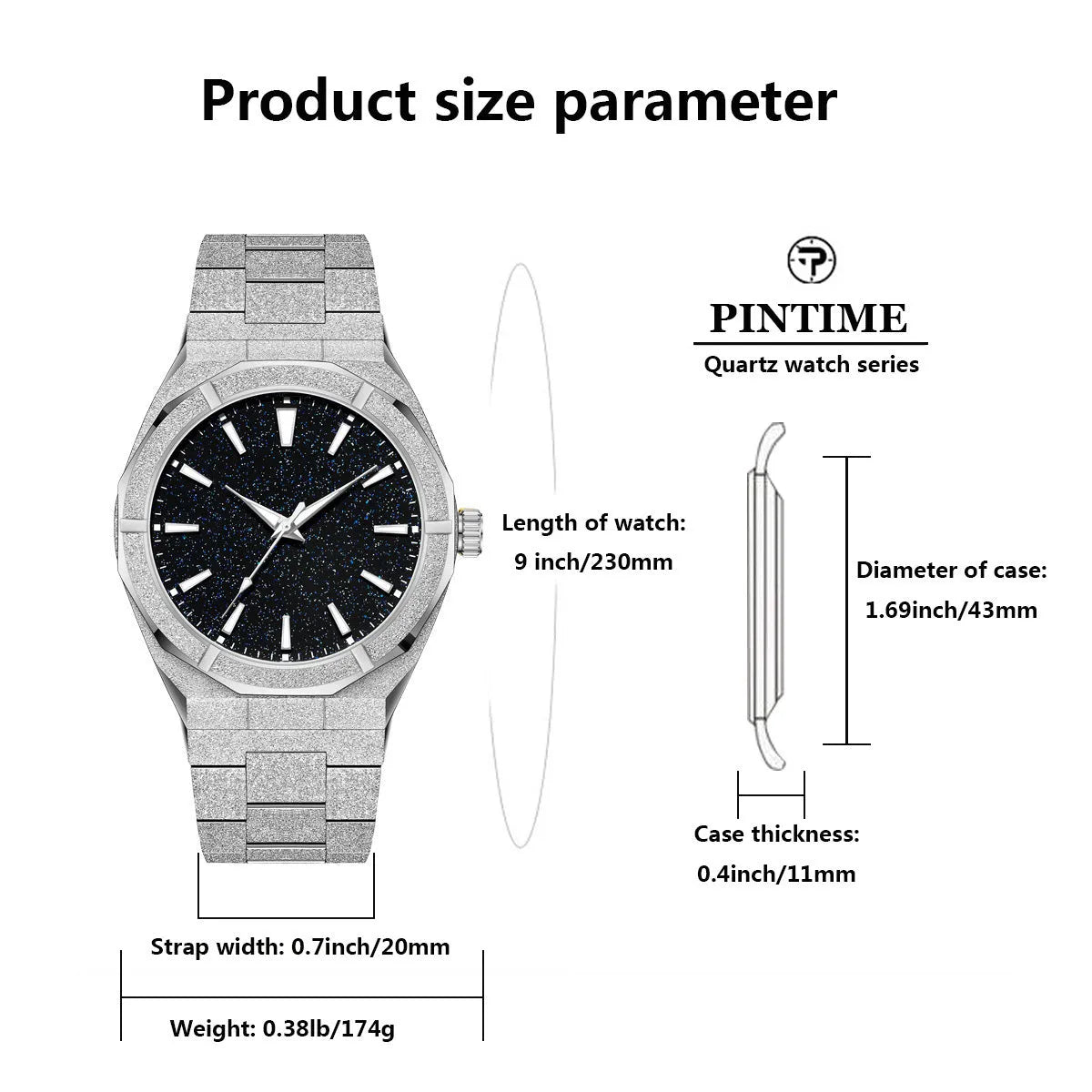 Men's stainless steel business watch with frosted case and luminous markers in silver, gold, or black