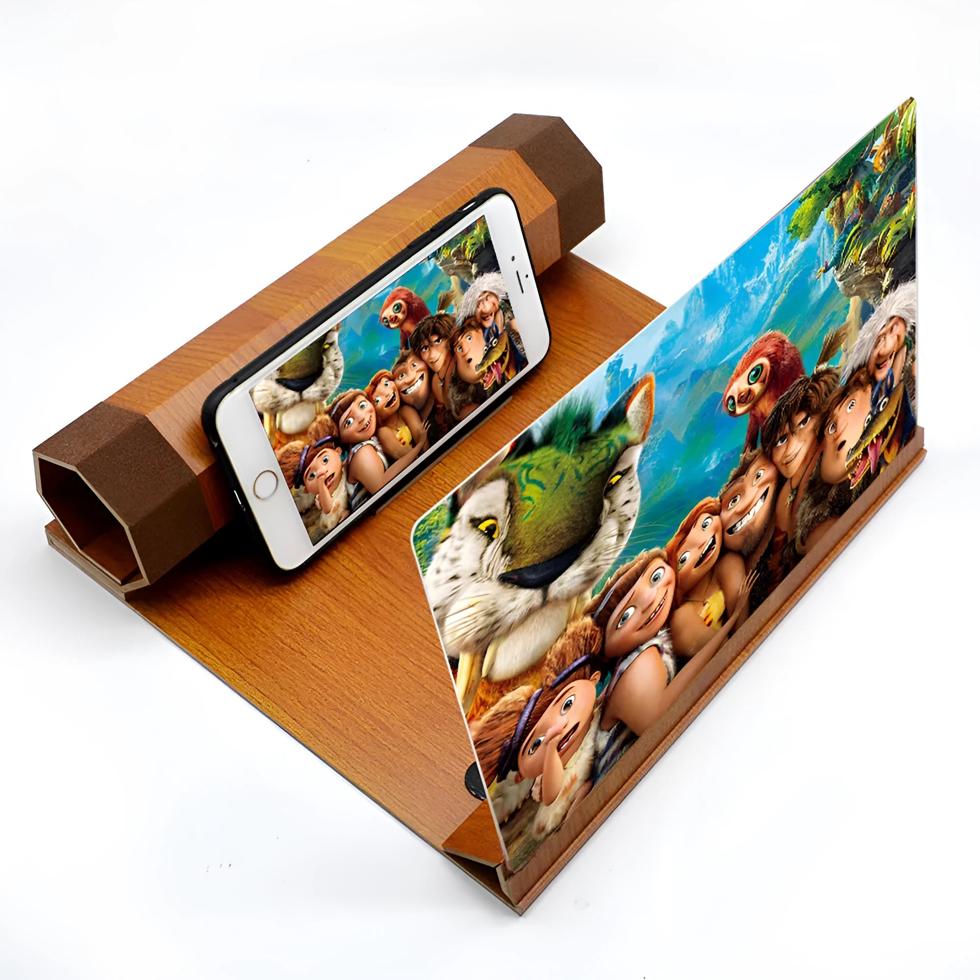 Wood grain smartphone signal amplifier measuring 25.5cm wide with black walnut finish and acrylic elements
