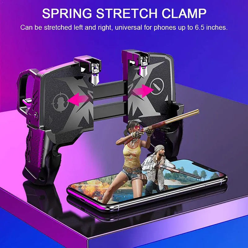 Black multi-function gamepad controller with integrated mobile phone holder for smartphones.