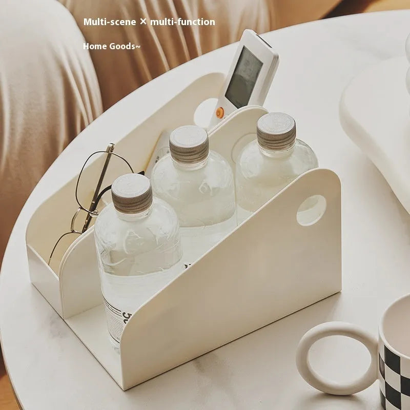 Two plastic desktop storage boxes with internal grid compartments in milk coffee and ivory white colours.