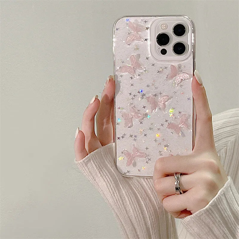 Bow iPhone 13 Pro Max TPU phone case with three-dimensional dream pink butterfly design transparent back cover