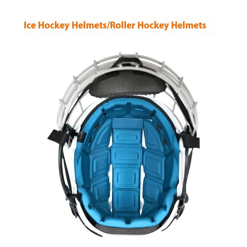 Ice hockey helmet with a carbon steel face mask and cushioned lining, shown in available sizes.