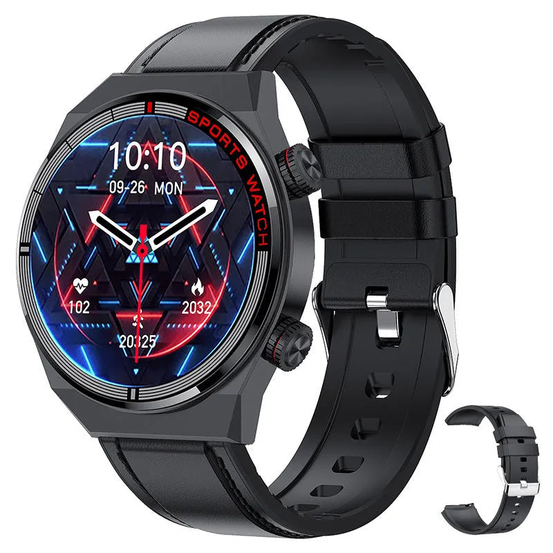 Rotary key Bluetooth smartwatch with touch screen on a genuine leather strap, showing call and fitness tracking interface.