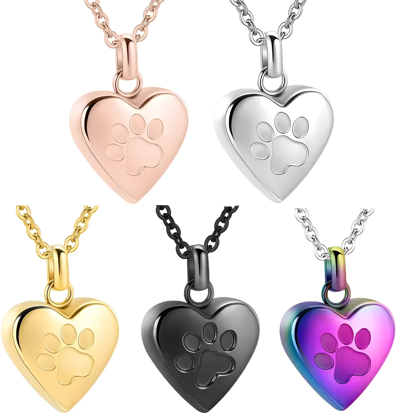 Openable heart-shaped titanium steel casket necklace with a love paw print design in silver finish.