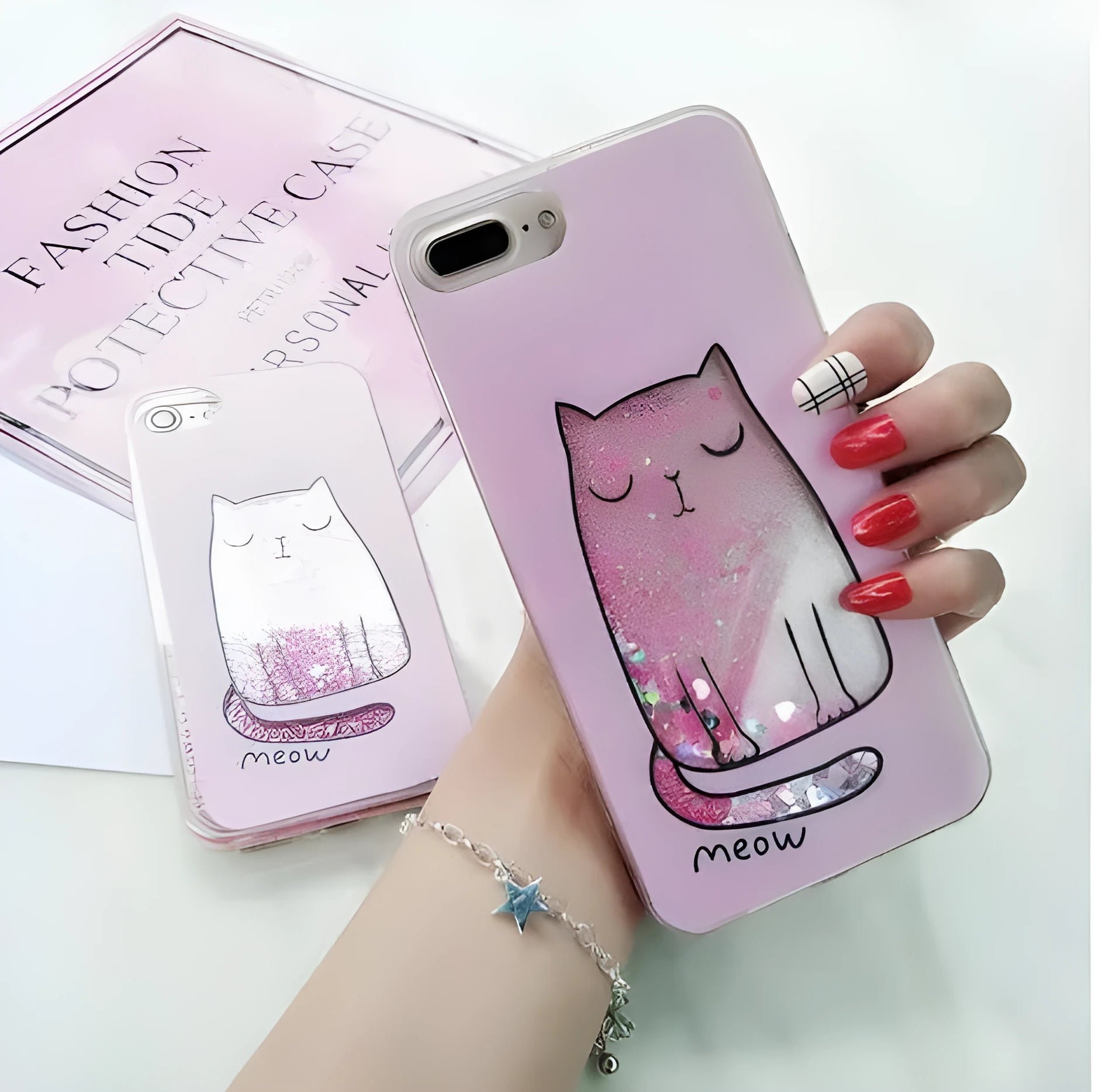 Set of four colourful glitter cat design phone cases for Apple iPhone models.