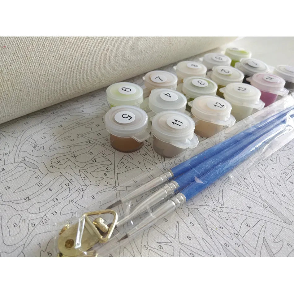 DIY Paint by Numbers kit showing 40x50cm linen canvas with landscape design, acrylic paints, and optional wooden stretcher frame.