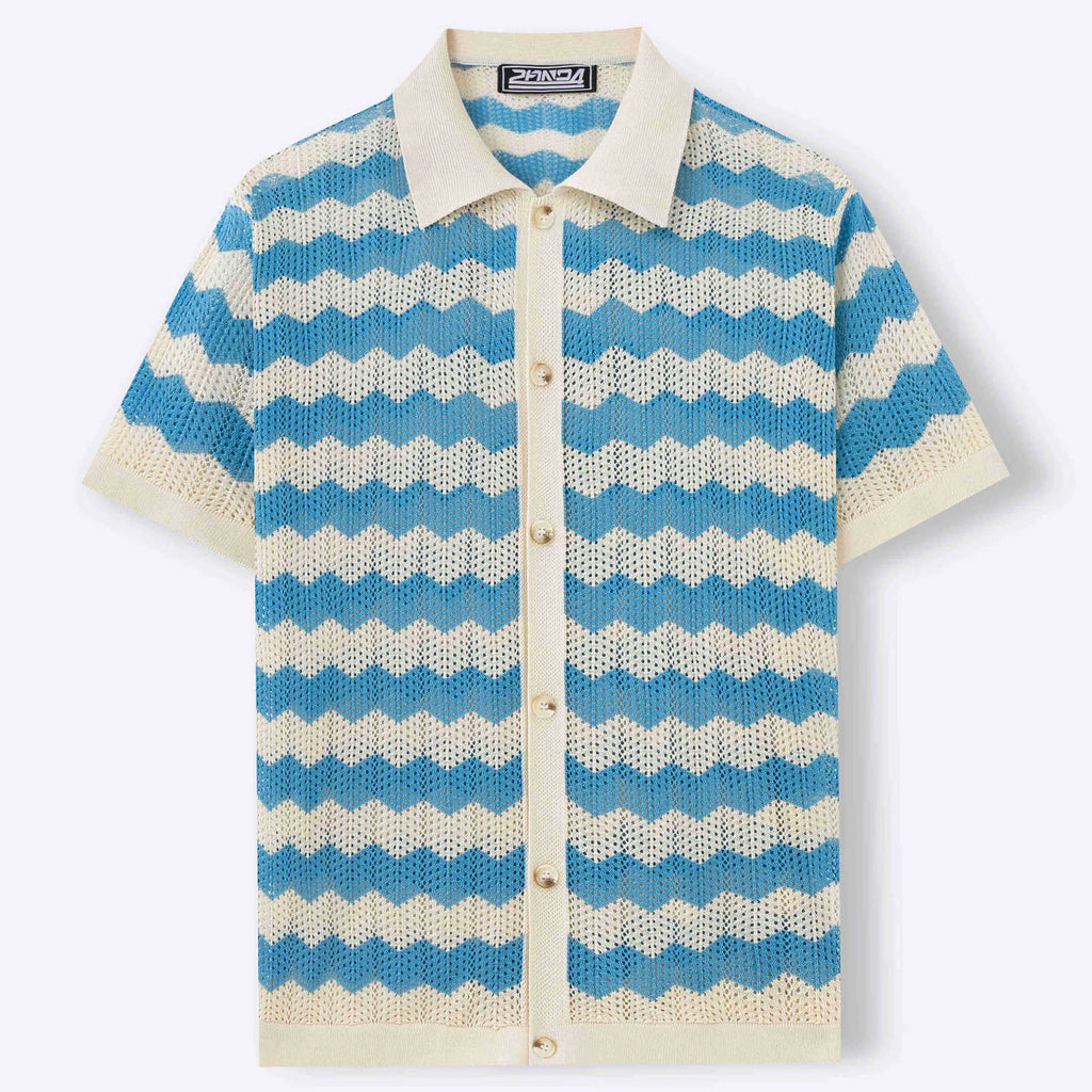 Man wearing a blue short-sleeve sweater with a textured hollow jacquard corrugated pattern and flocked detail.