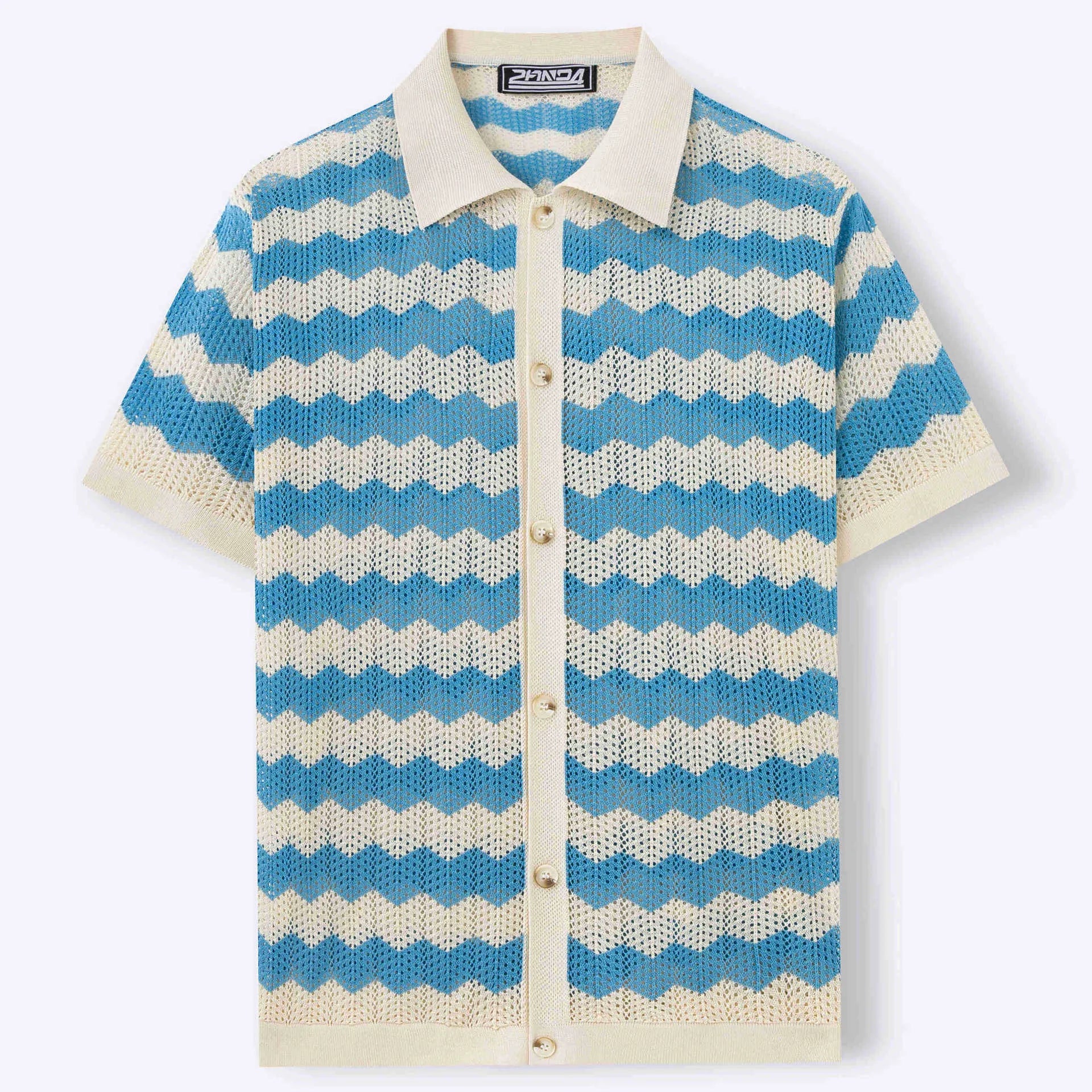 Man wearing a blue short-sleeve sweater with a textured hollow jacquard corrugated pattern and flocked detail.