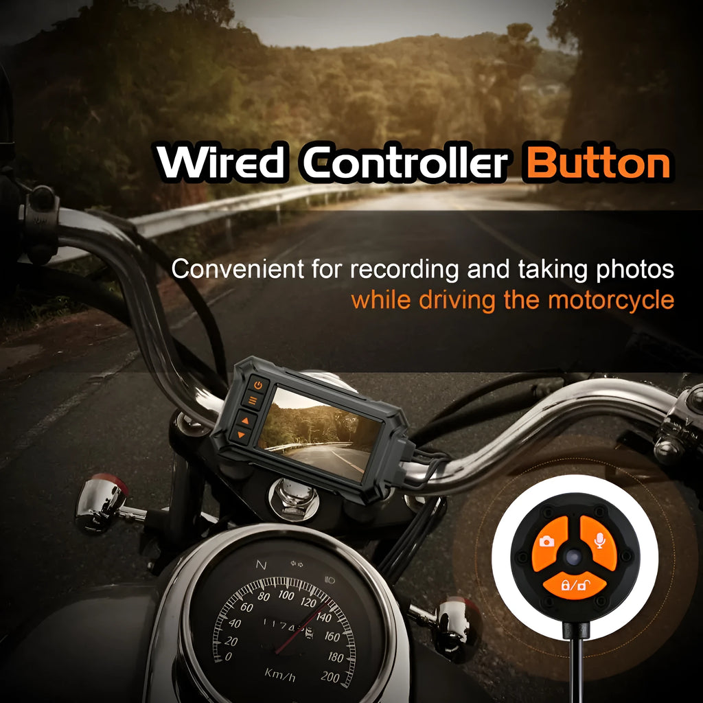 Motorcycle dash camera unit with 3 inch display, two lenses, GPS module, and installation cables.