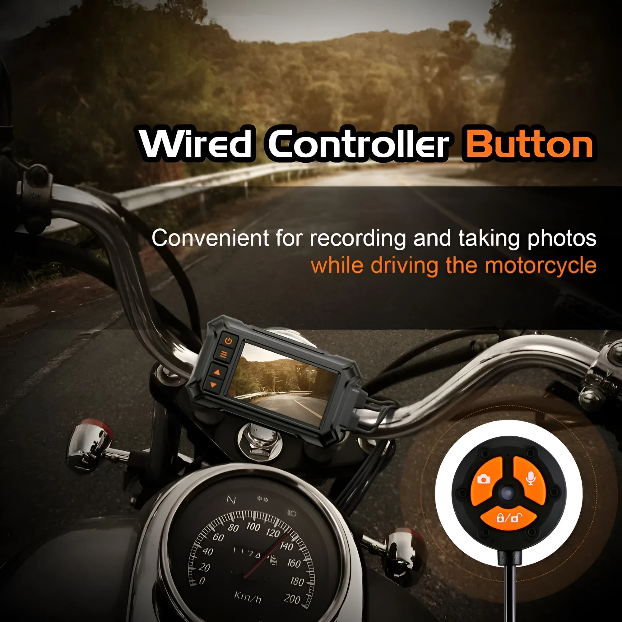 Motorcycle dash camera unit with 3 inch display, two lenses, GPS module, and installation cables.