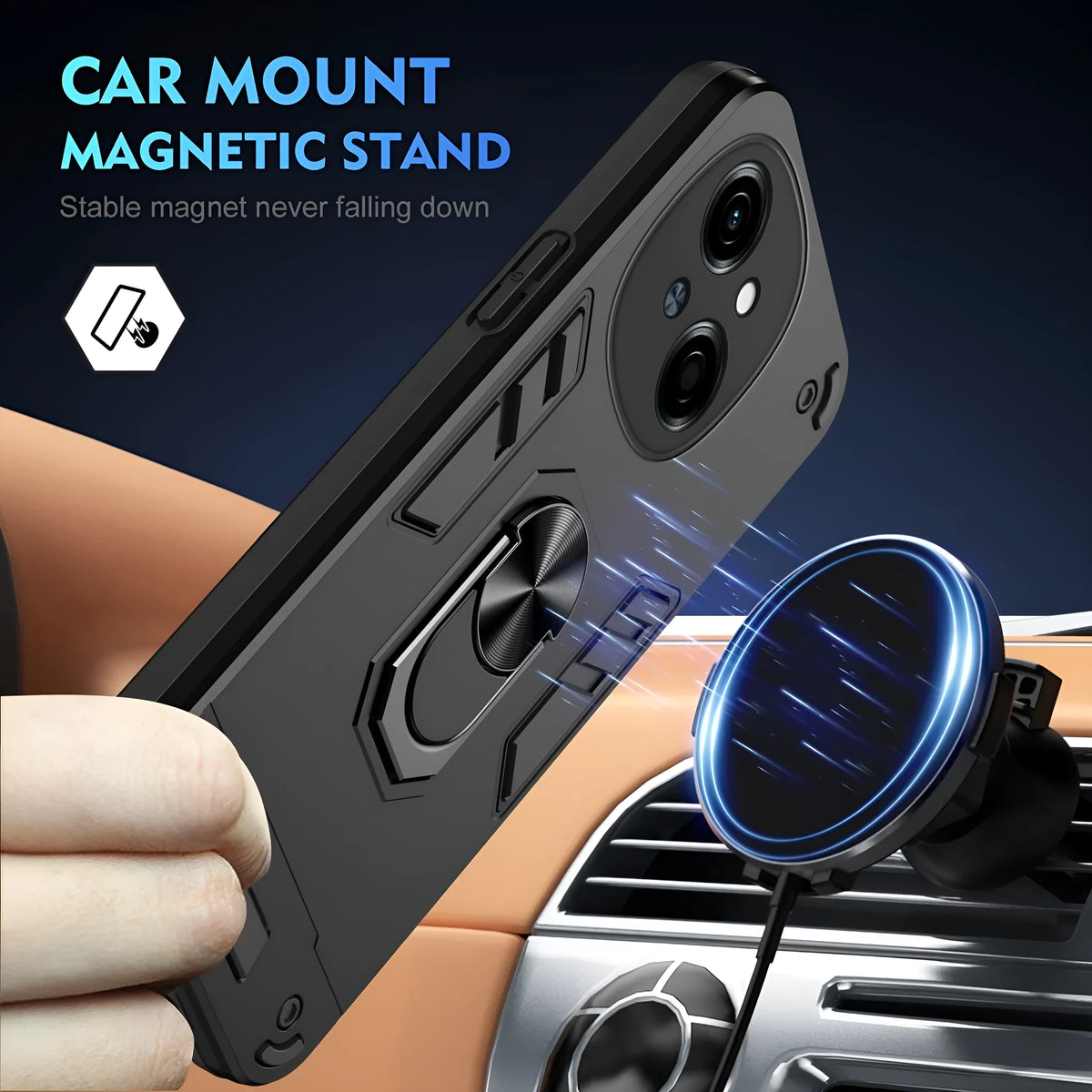 PC phone case with 360 bracket for Tecno models in black, blue, and green, back cover with anti-fall airbag corners
