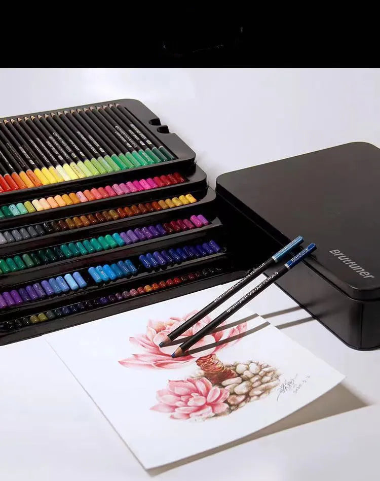 180-colour oily drawing pencils in wooden shells with tin box storage for art supplies