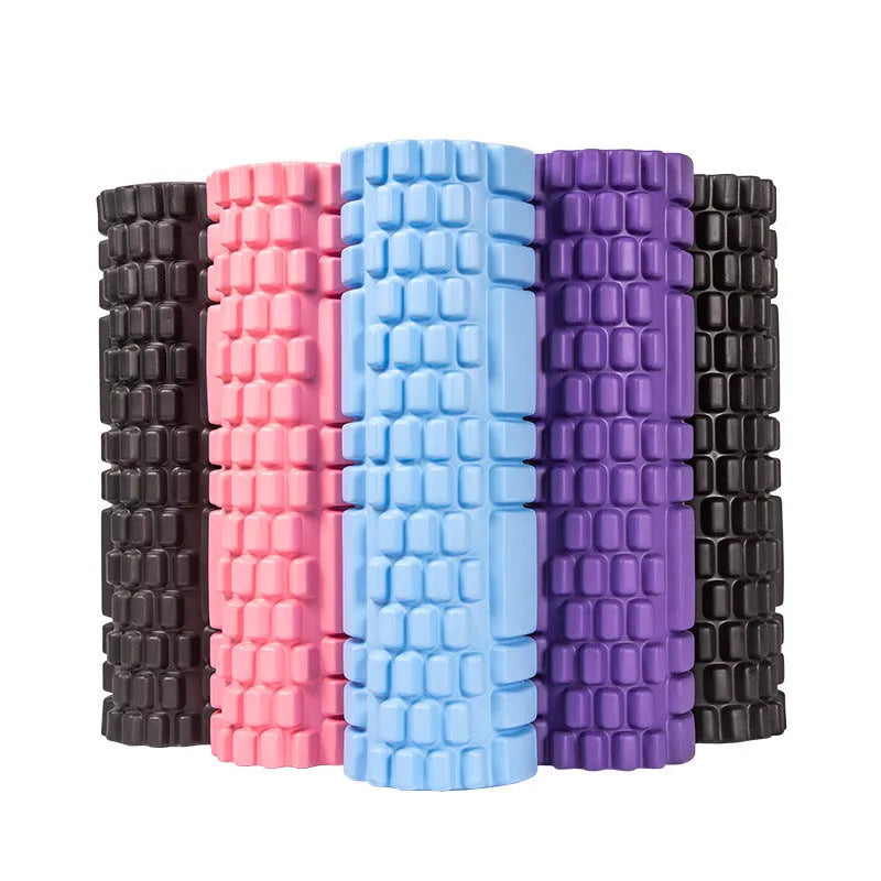 EVA foam roller for fitness in black, grey, pink, sky blue, or light purple on a plain background.