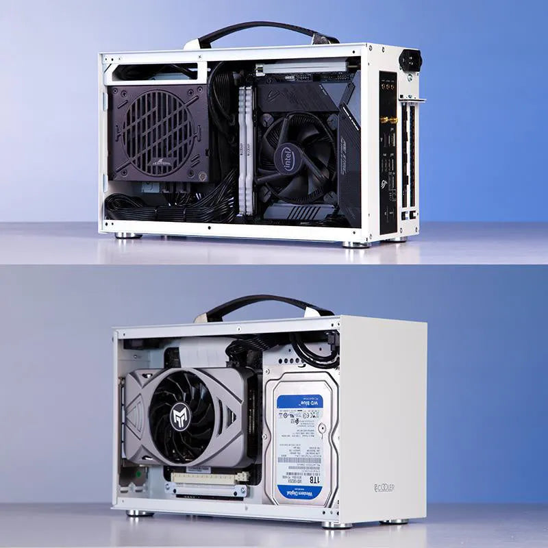 Three Hummingbird Portable compact Mini-ITX desktop computer case in titanium grey showing front panel and side profile.