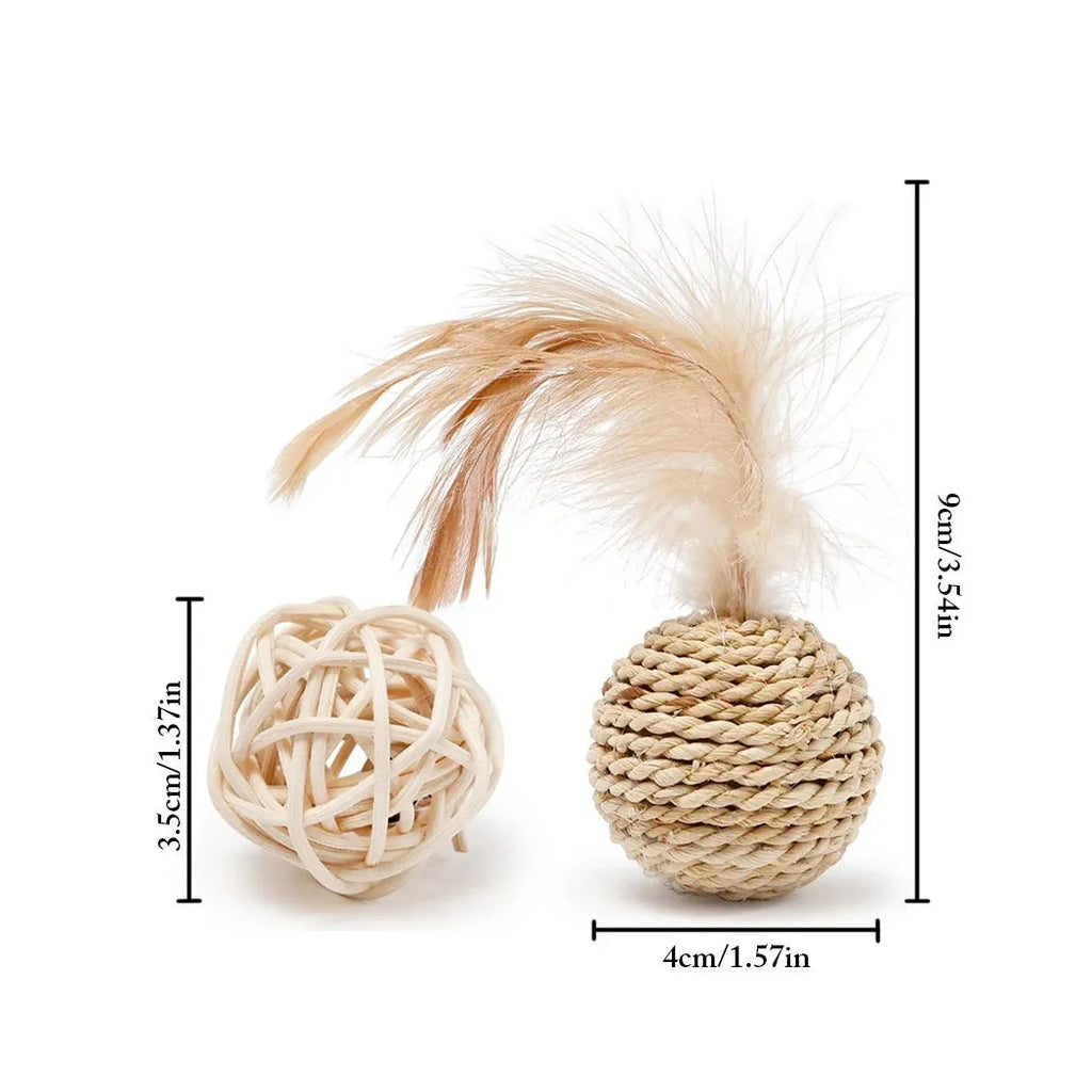 Primary colour cat toy set showing hollow rattan ball and faux feather bell ball on wooden floor