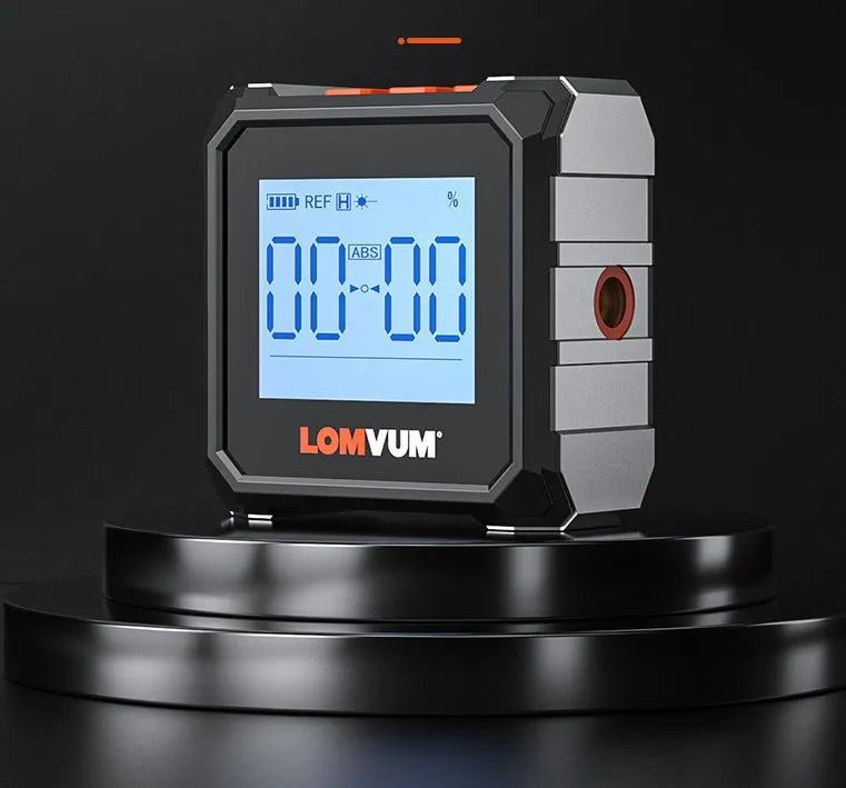 Longyun digital laser measuring tool with alloy casing and backlit display on a wooden workbench.
