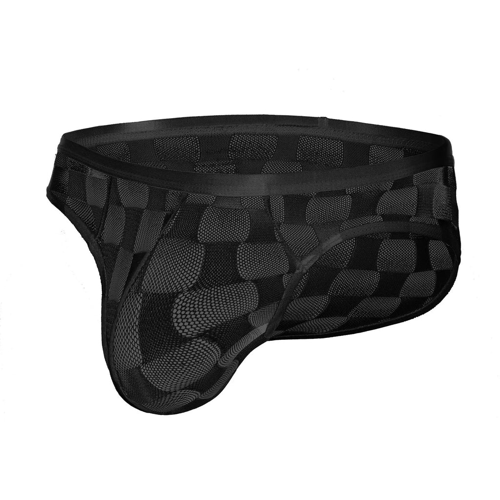 Men's black mesh breathable U-convex plaid underpants briefs with lace nylon fabric