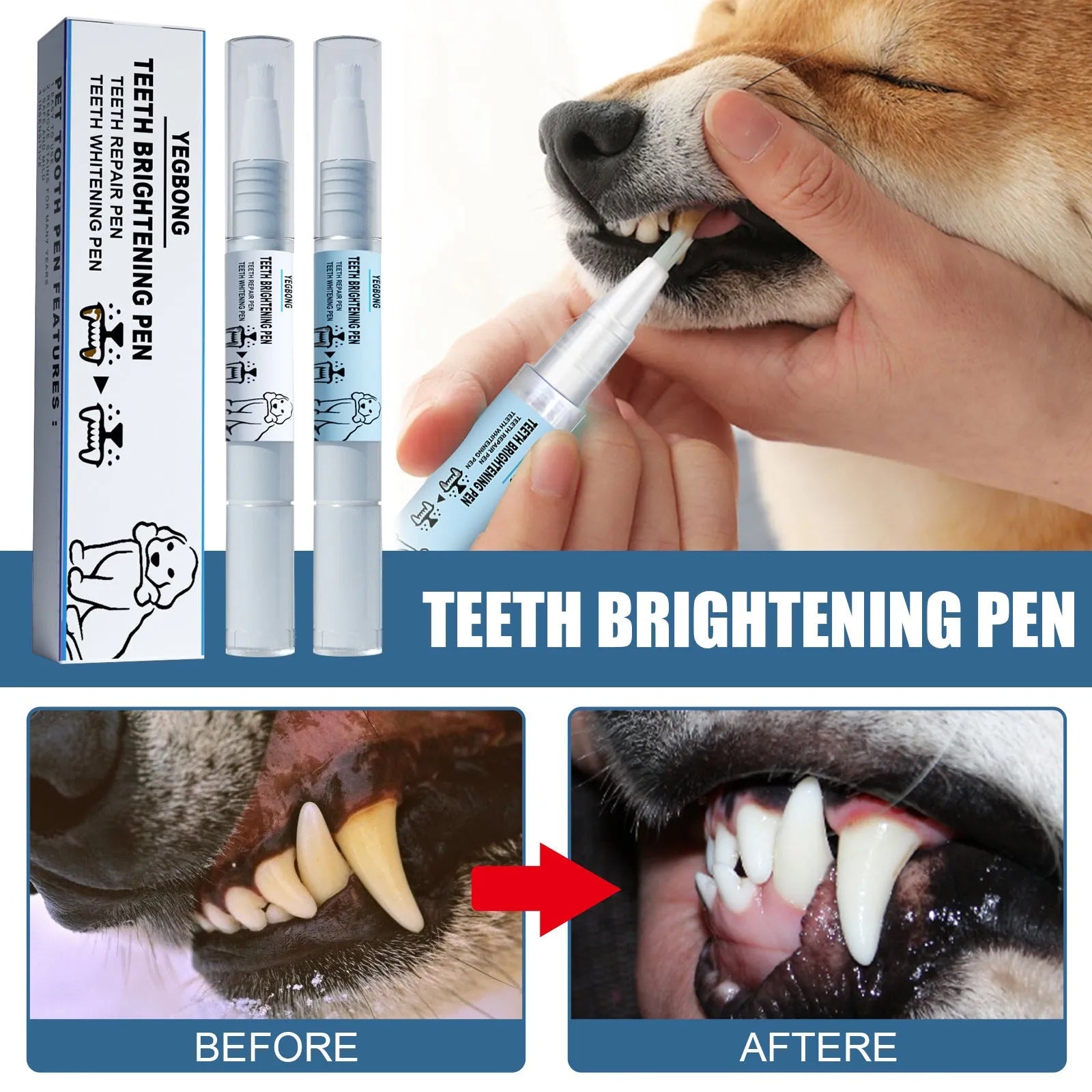 Pet teeth whitening pen set with applicator and dental brushes for dog and cat tartar removal