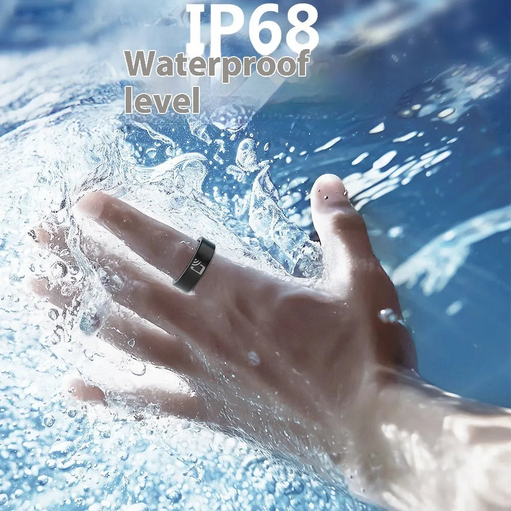 Black ceramic smart ring for heart rate, blood oxygen and sleep monitoring on a finger