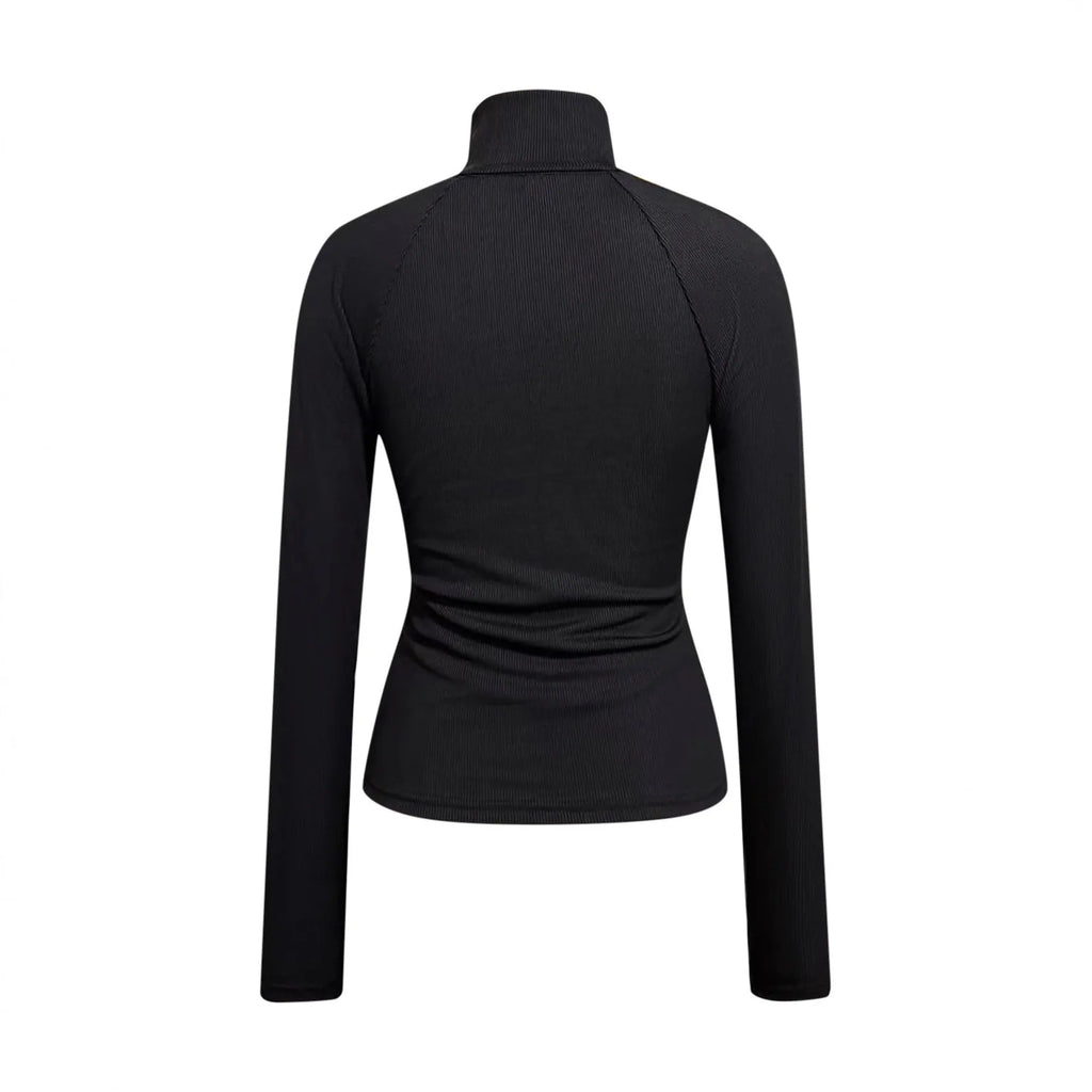 Slim-fit stretch knitted zipper collar top in black, shown on a model, solid polyester fabric, pullover style.