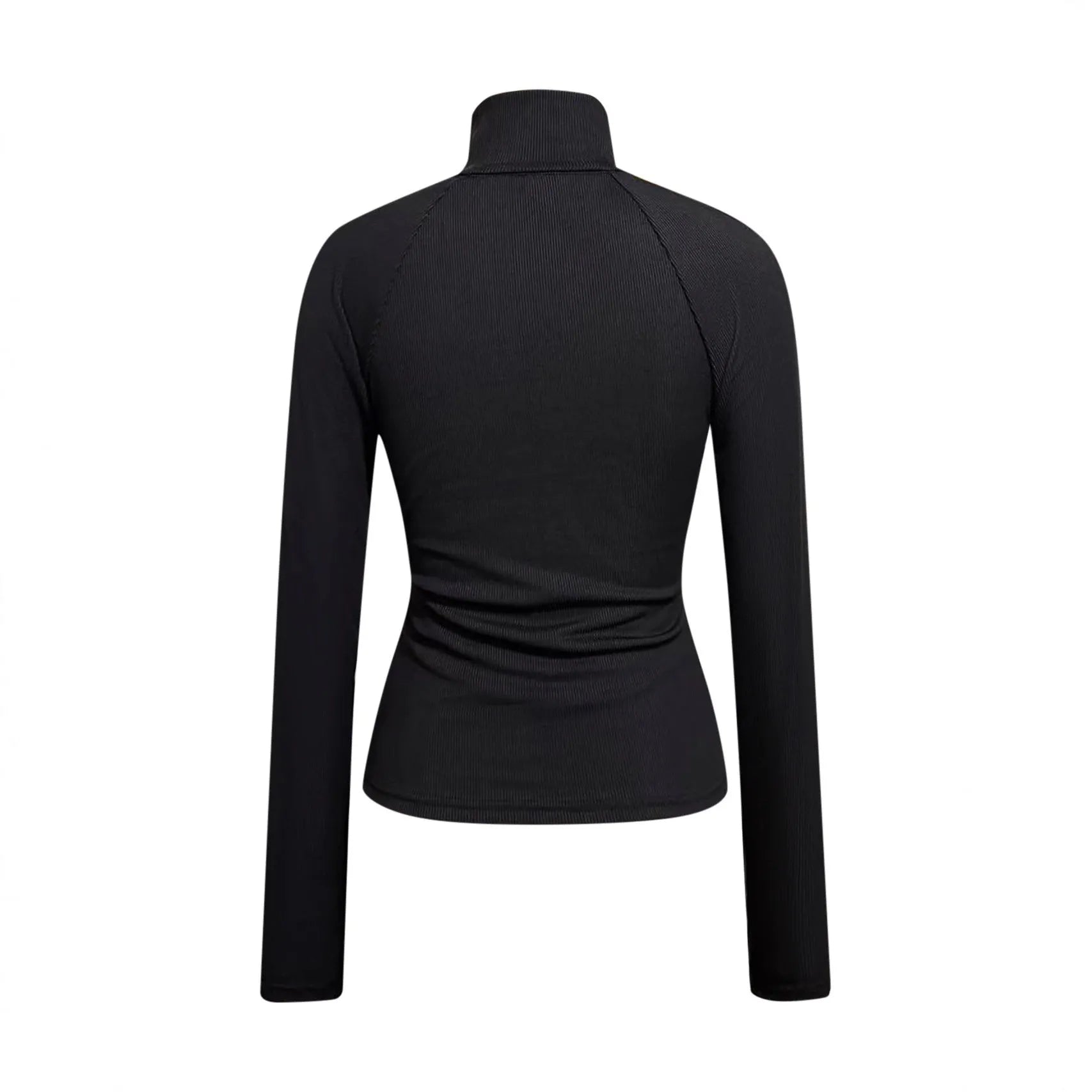 Slim-fit stretch knitted zipper collar top in black, shown on a model, solid polyester fabric, pullover style.