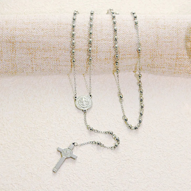 Stainless steel cross pendant necklace sweater chain for women with electroplated finish in gold or steel colour