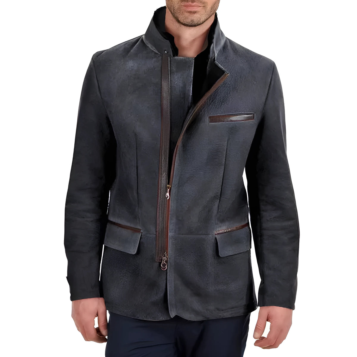 Vintage men's casual coat with stand collar, zipper front, and tooling patchwork in gray