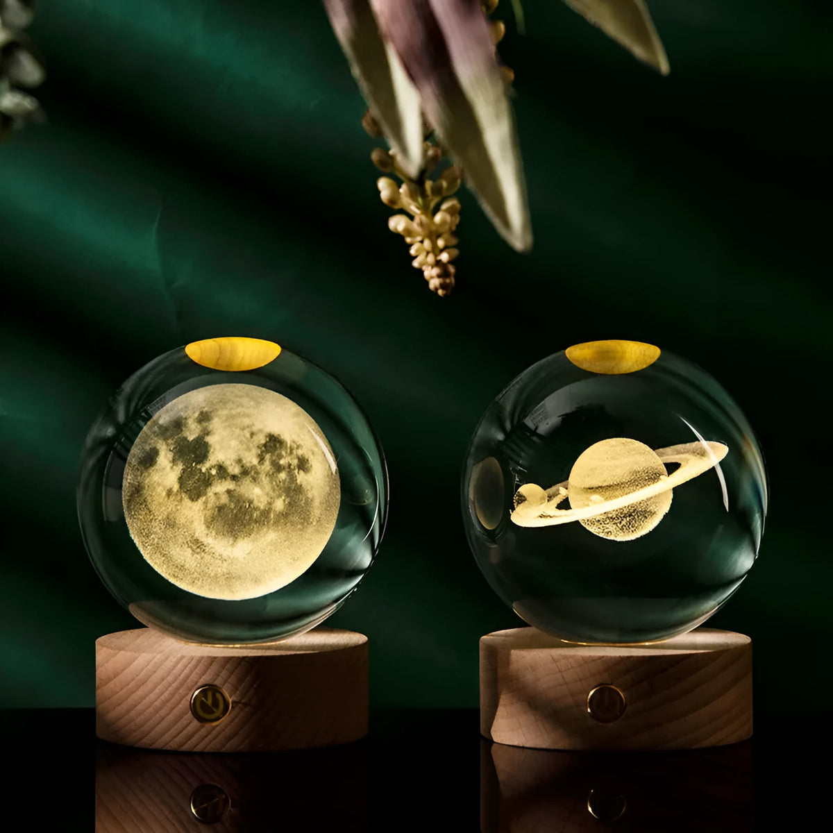 Transparent crystal ball with 3D laser inner carving galaxy design on a beech wood touch light base, warm light glowing