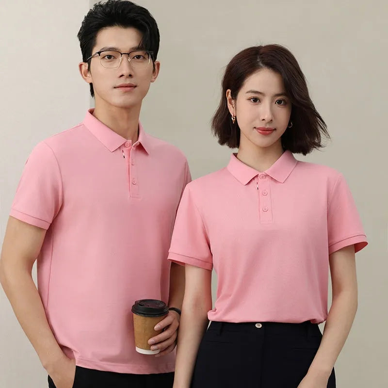 Solid colour cotton blend catering polo shirt shown in multiple colours with short sleeves and regular fit