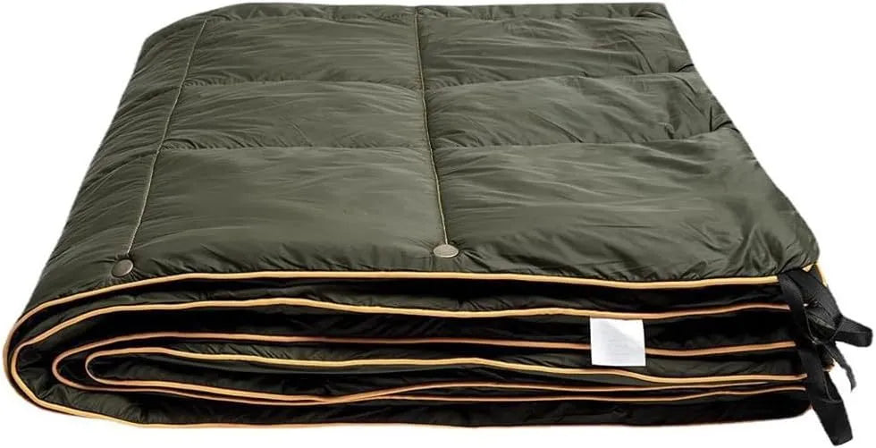 Army green outdoor portable down shawl camping blanket, 140 x 200cm, shown folded and worn over shoulders