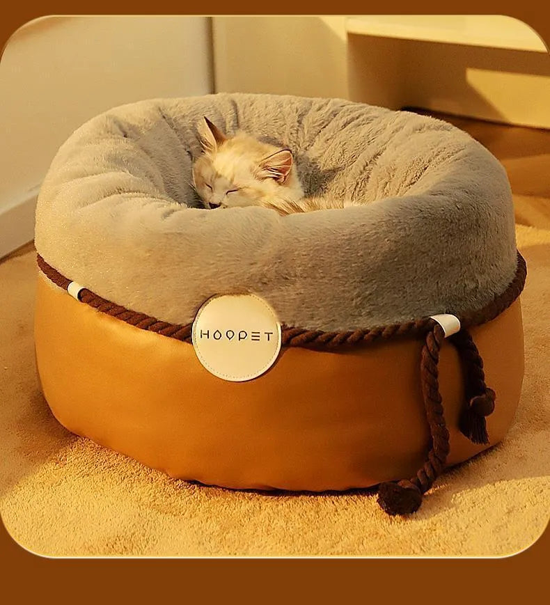 Closed solid colour warm cat nest in warm yellow, made from polyester PU cotton, available in small and medium sizes