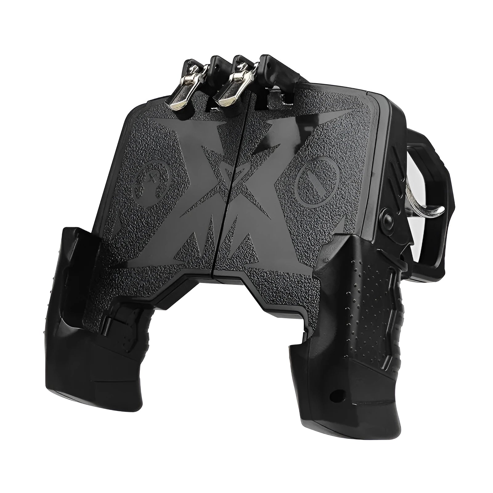 Black plug-in mobile phone gamepad with textured rubber grips and two trigger buttons attached to a smartphone.