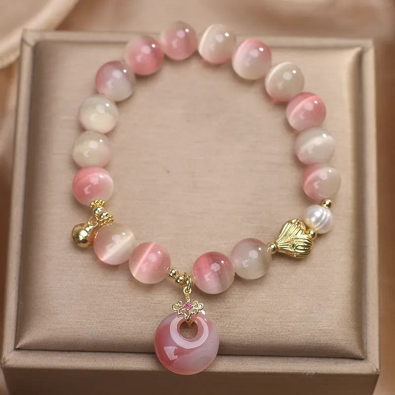 Natural gradient opal agate bracelet for women with pink stones and safety buckle pendant